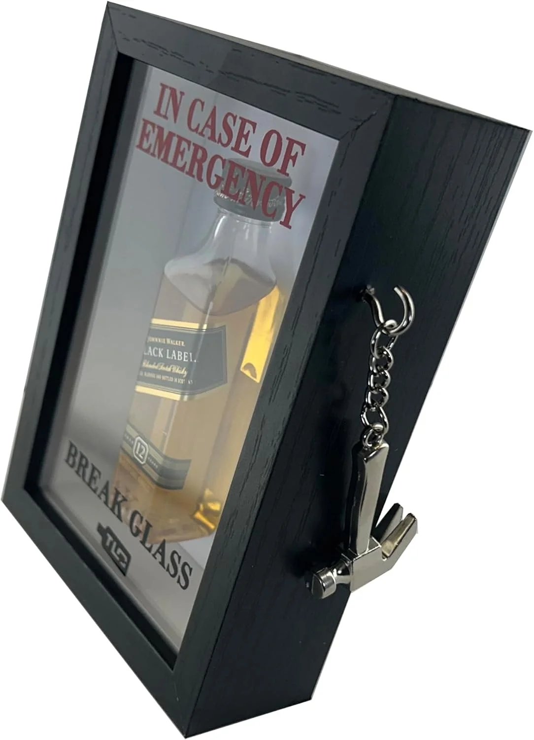 Side view of Black Emergency Break Glass Display Box with small hammer