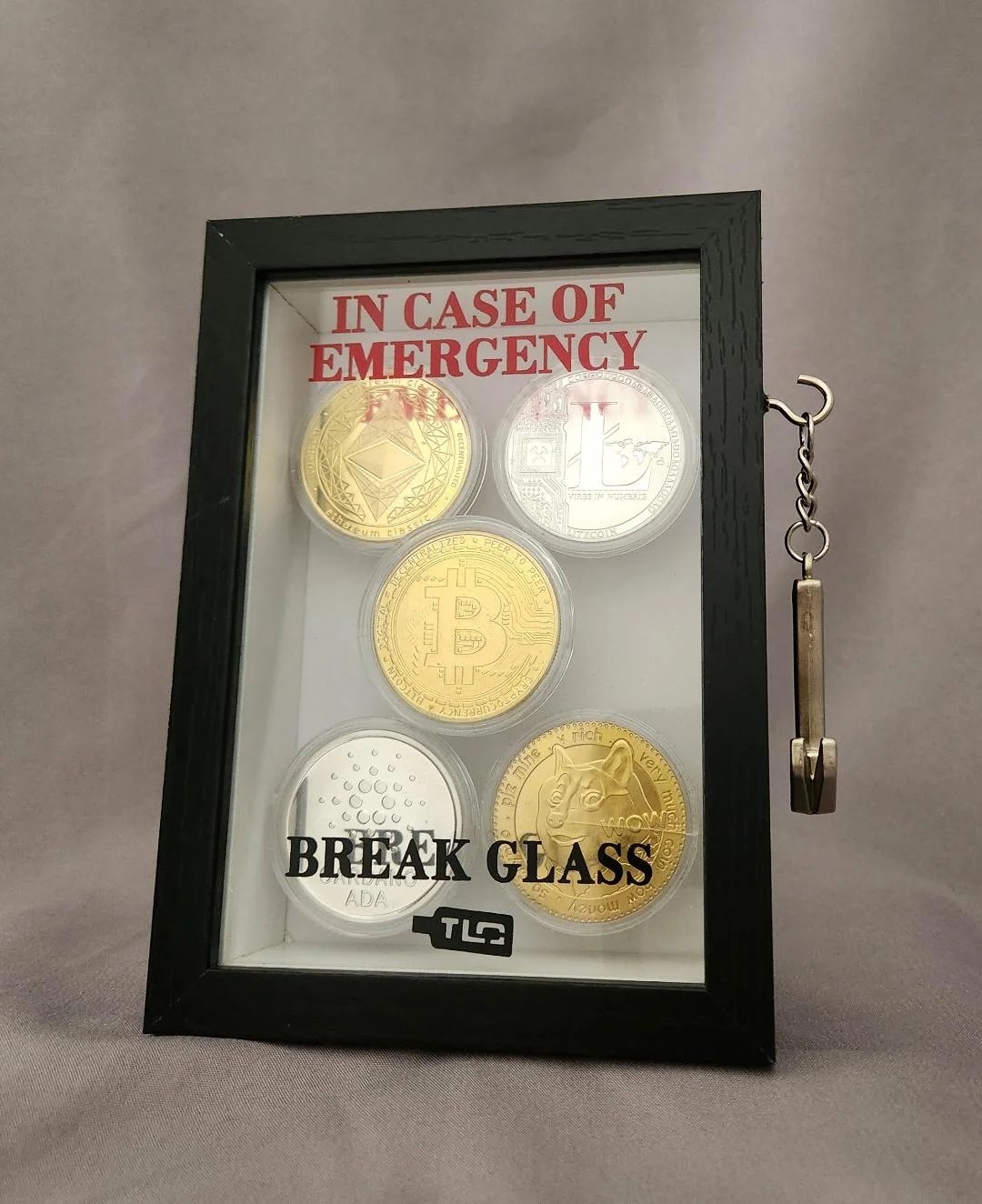 Black Emergency Break Glass display box filled with collectible coins
