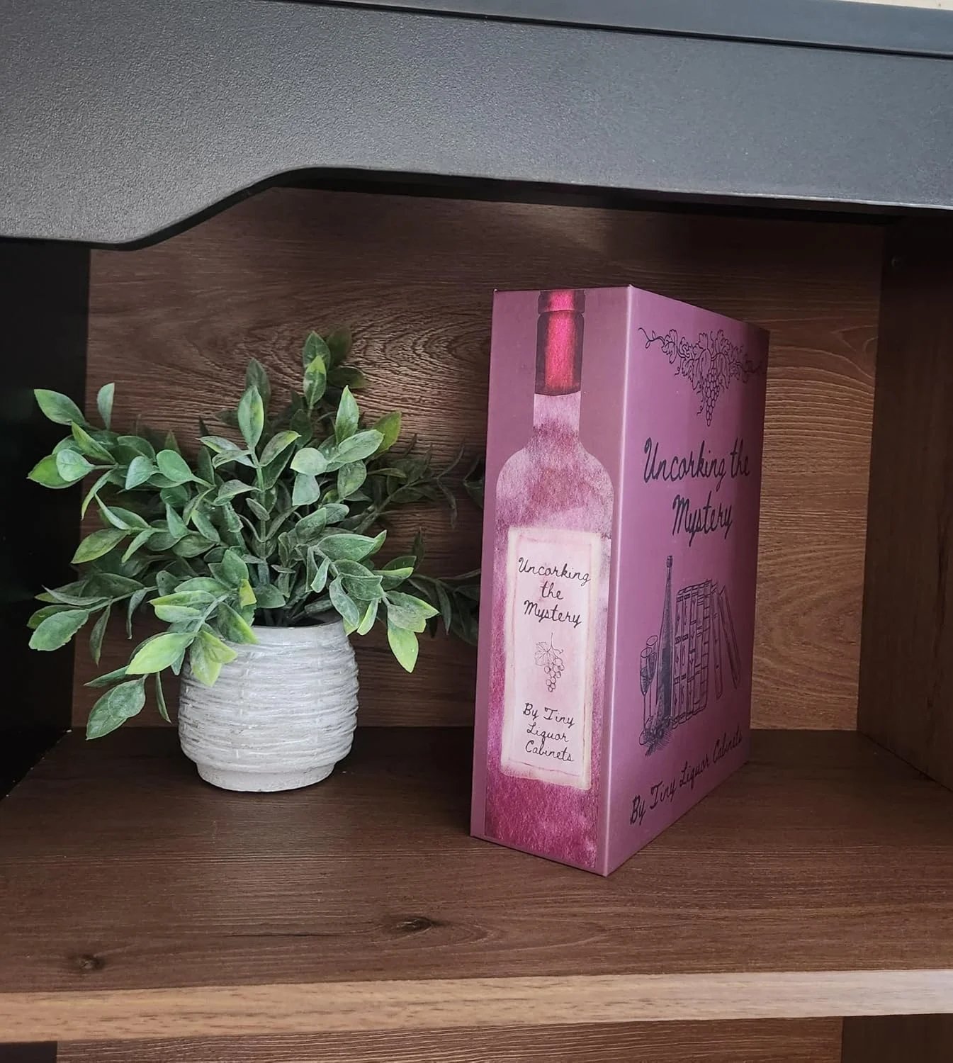 Uncorking the Mystery displayed on a shelf with plant