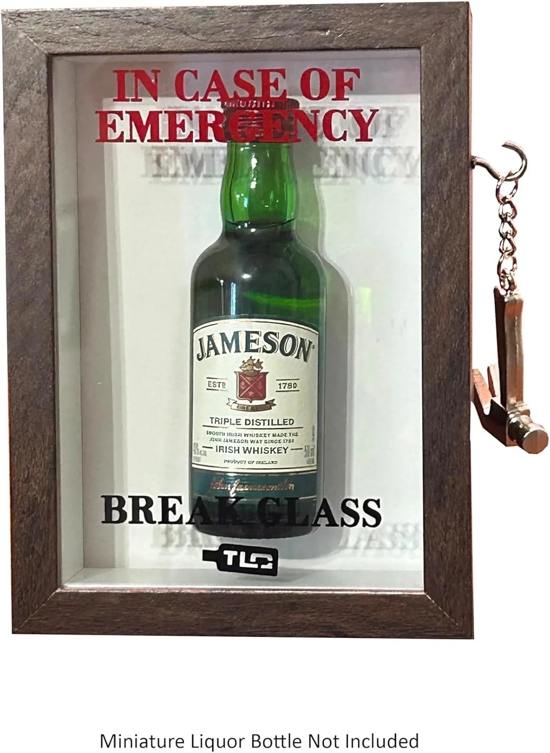 Walnut Emergency Break Glass Display Box on bookshelf